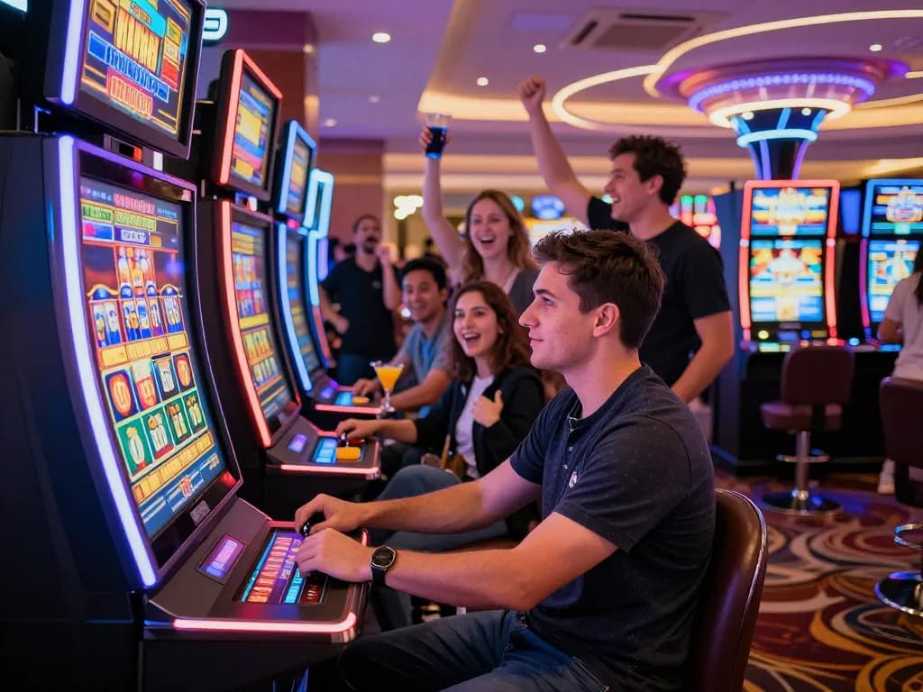 Experience slot gacor hari ini in a vibrant casino setting with a focused player at the machine and friends celebrating nearby.
