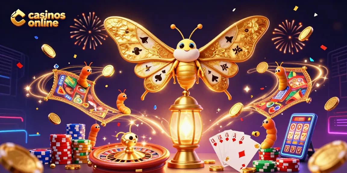 Disfruta de casinos online con emoción, colores vibrantes y elementos como fichas y cartas en un entorno mágico.