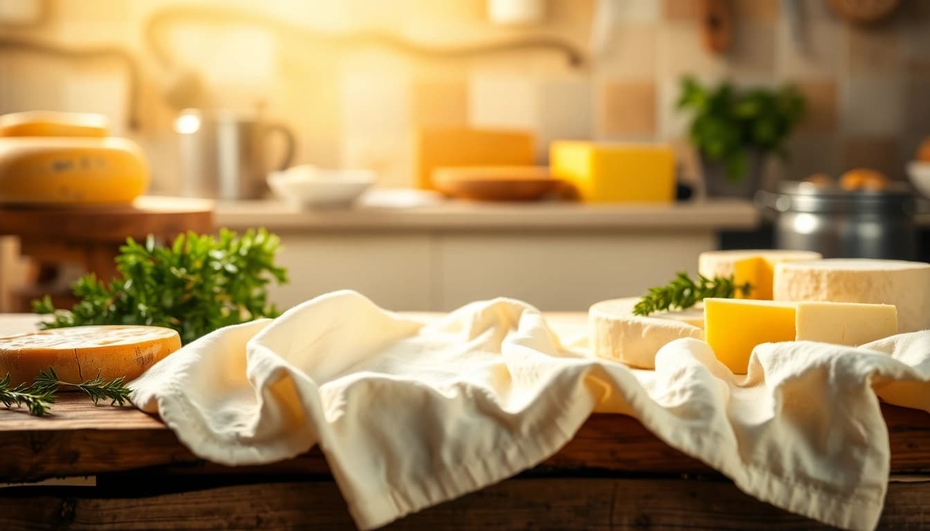 Kaasdoek op een houten tafel, perfect voor het maken van kaas, omgeven door kaaswielen.