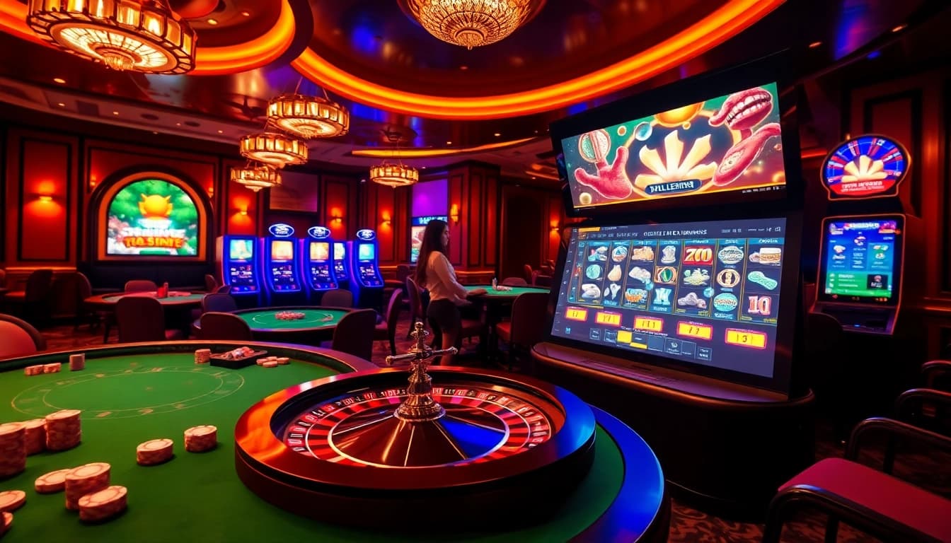 Vivez des jeux passionnants dans un casino en ligne avec des tables vibrantes, des jetons de poker et des roues de roulette.