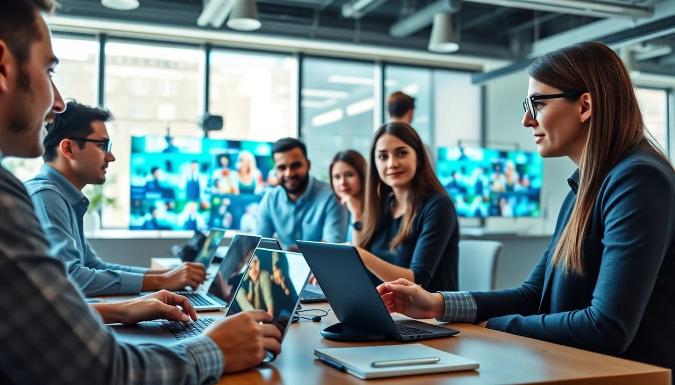 Engaging professionals in corporate video production enhancing creativity in a modern office.