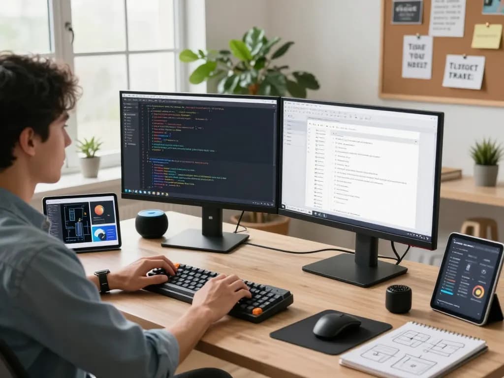 Developer utilizing the molt bot in a modern workspace with dual monitors, showcasing productivity and tech integration.