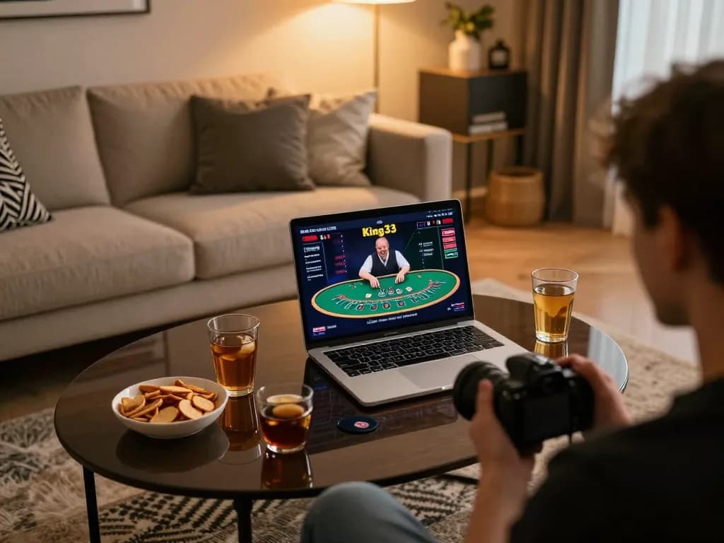 Player engaging in blackjack at King33 online casino from a cozy home setup