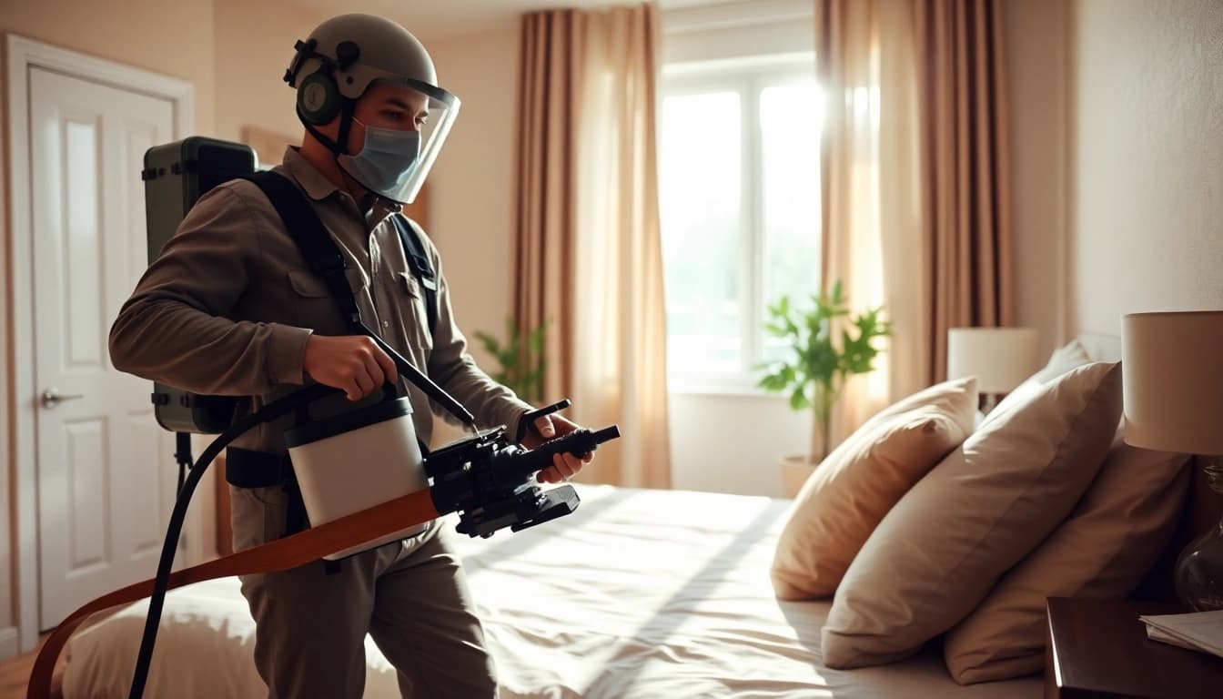 Effective bed bug control in a modern bedroom by a professional exterminator.