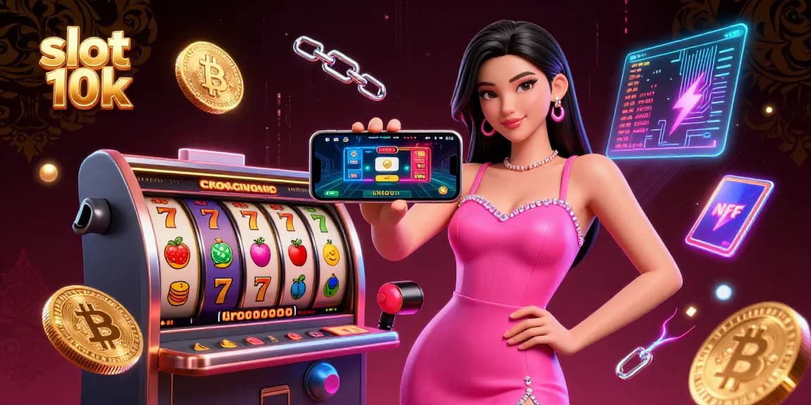Spin to win at slot 10k with dynamic casino elements surrounding an Asian woman.