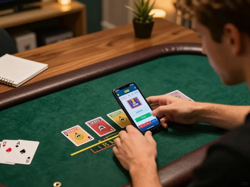 Player enjoying an online game at XX88 casino, focused on blackjack strategies with smartphone.