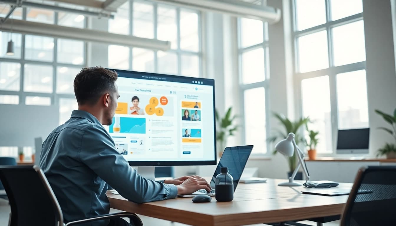 Webdesign Agentur bei der Arbeit an einem modernen Computer-Setup mit kreativen Designs.