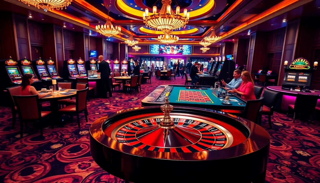 Players enjoying sunwin-themed games at an engaging casino, featuring roulette and poker.