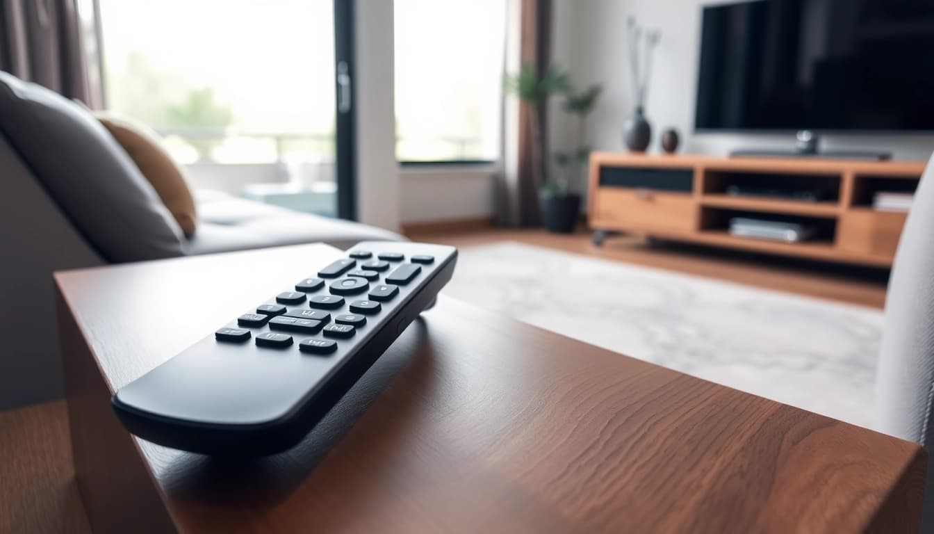 Samsung Fernbedienung QE auf eleganter Holzfläche präsentieren.