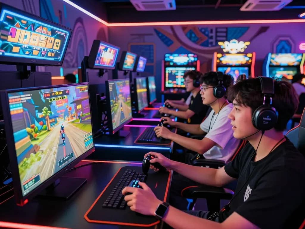 Autowin88 gamers immersed in an exciting digital arcade atmosphere with vibrant LED lights and thrilling game visuals.