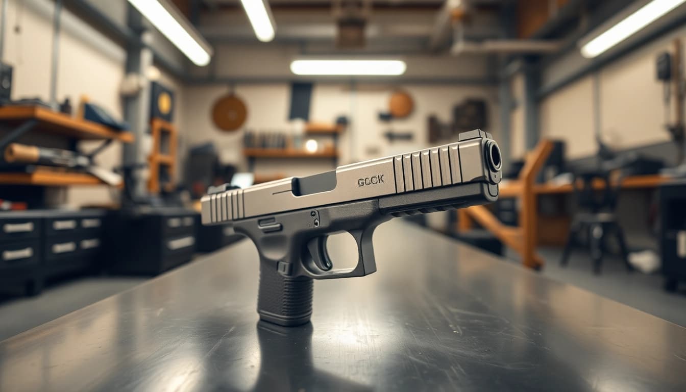 Showcase of glock 19 slides in a workshop, highlighting precision and craftsmanship.