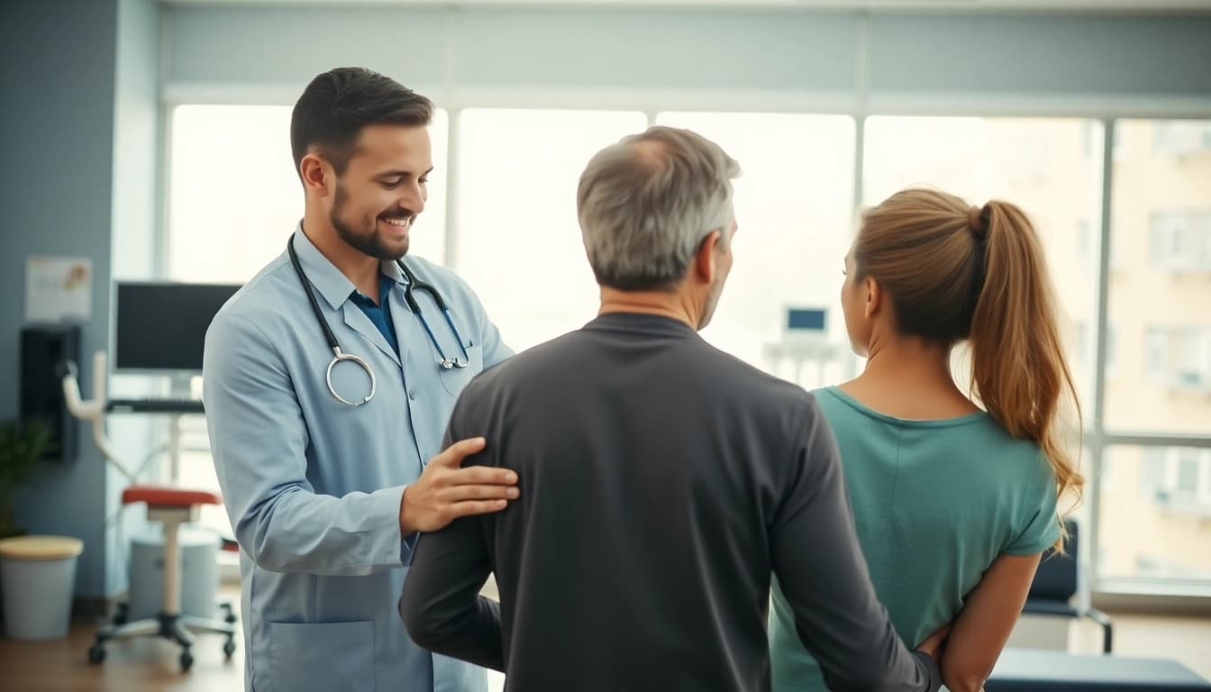 Engaging back pain treatment session with a therapist guiding a patient through exercises.