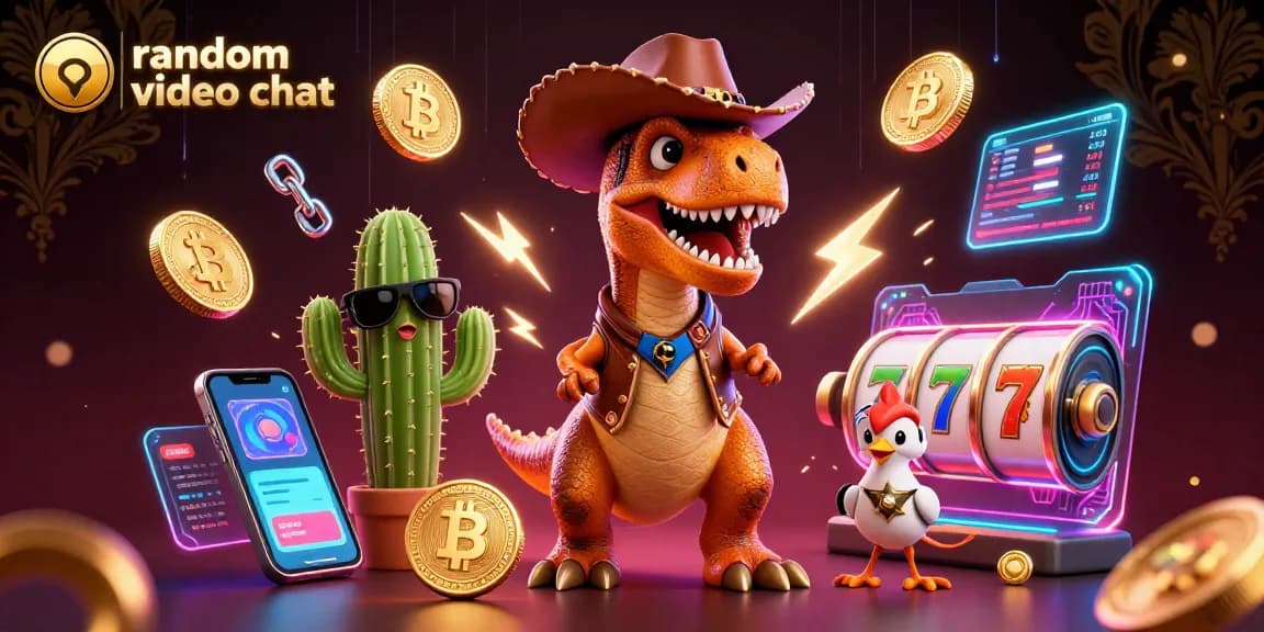 Engage in random video chat with dynamic casino-themed illustrations, slot machines, and vibrant characters.