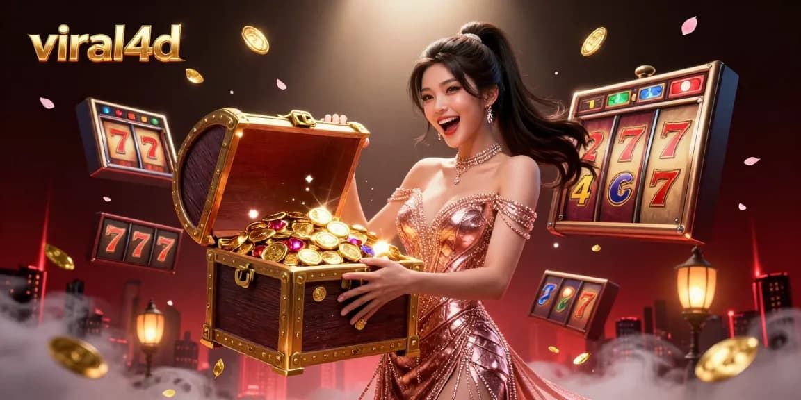 Experience winning thrills with viral4d as a gorgeous Asian woman presents a treasure chest overflowing with riches in a vibrant casino scene.