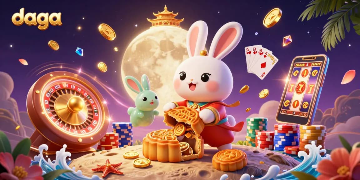 Experience exciting gaming at Daga with golden mooncakes revealing poker chips amidst dazzling casino elements.