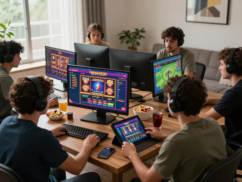 Engaged players at home enjoying thrilling online gambling at nhà cái uy tín SC88 with vibrant game graphics and cozy atmosphere.
