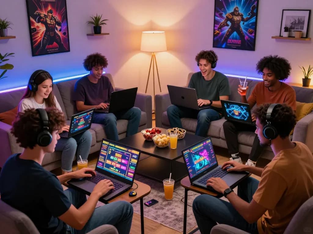 Engaged players enjoying a vibrant gaming experience with vegasslot77 in a cozy living room.