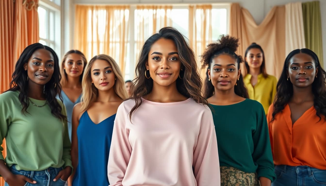 Women’s Clothing Manufacturer presents stylish tops in a bright studio setting with diverse models.