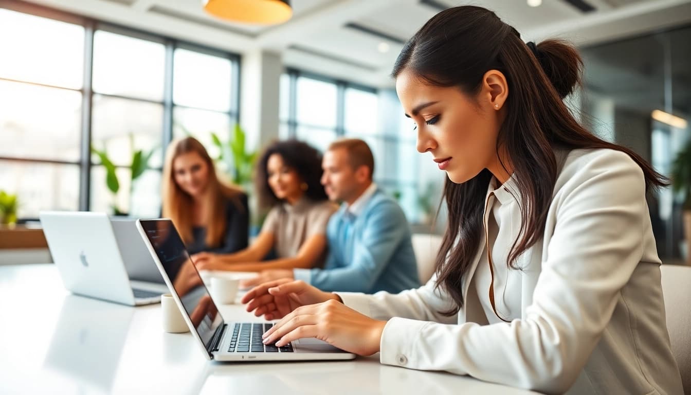 Engaging enterprise assistant collaborating with a team in a modern office space.