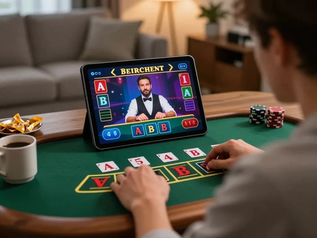 Engaging in thrilling blackjack gameplay at home with da88, showcasing dynamic tablet interface and cozy atmosphere