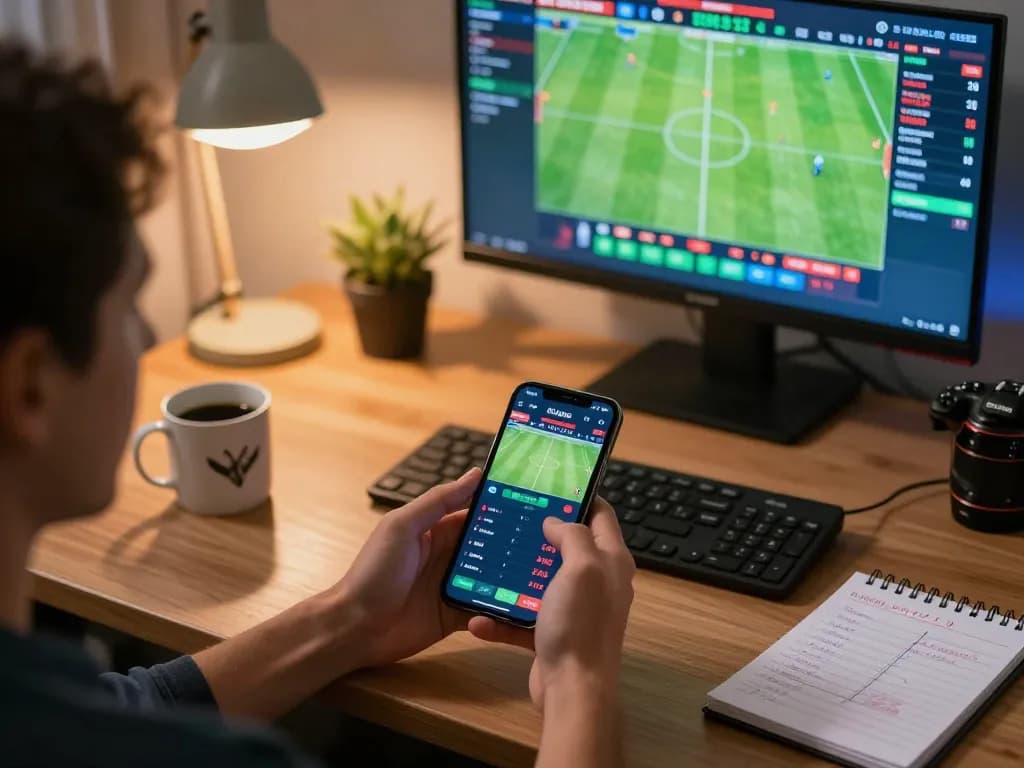 Engaged in sports betting on 678vip using a smartphone, relaxed home setting with strategic notes.