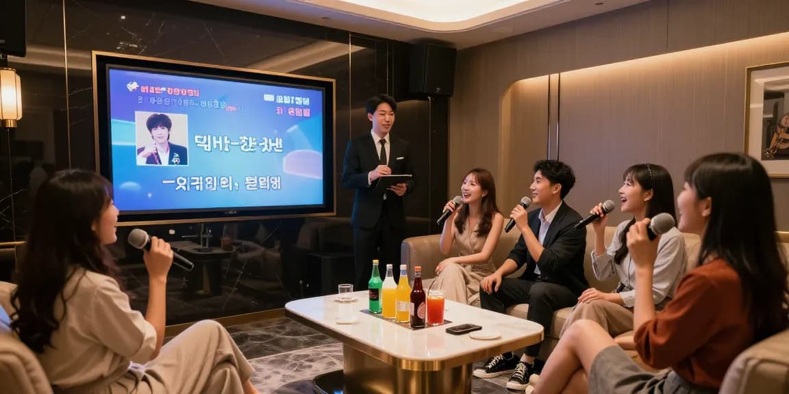 강남가라오케의 고급스러운 프라이빗 룸에서 즐거운 분위기 속에서 노래하는 친구들