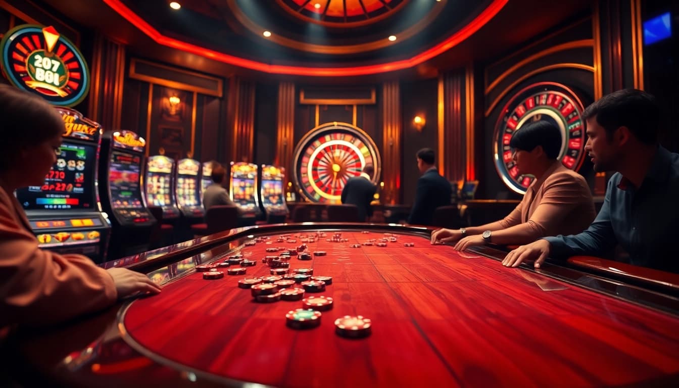 Scène de casino en ligne excitante avec des machines à sous vibrantes et une table de poker.