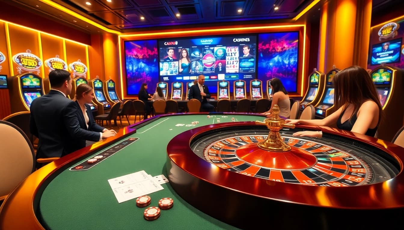 Découvrez l'excitation du casino en ligne avec une table de roulette animée et une scène de jeu vibrante.