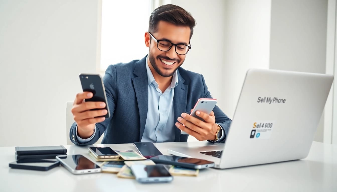 Sell my phone instant cash displayed with smartphones and cash in an inviting workspace.