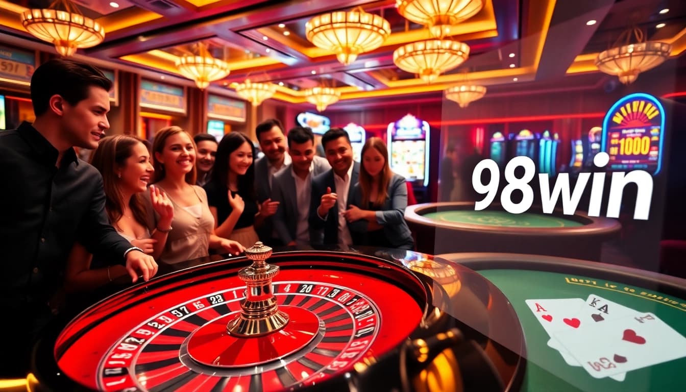 Experience the thrill of casino gaming with the 98win link, showcasing vibrant tables and excited players.