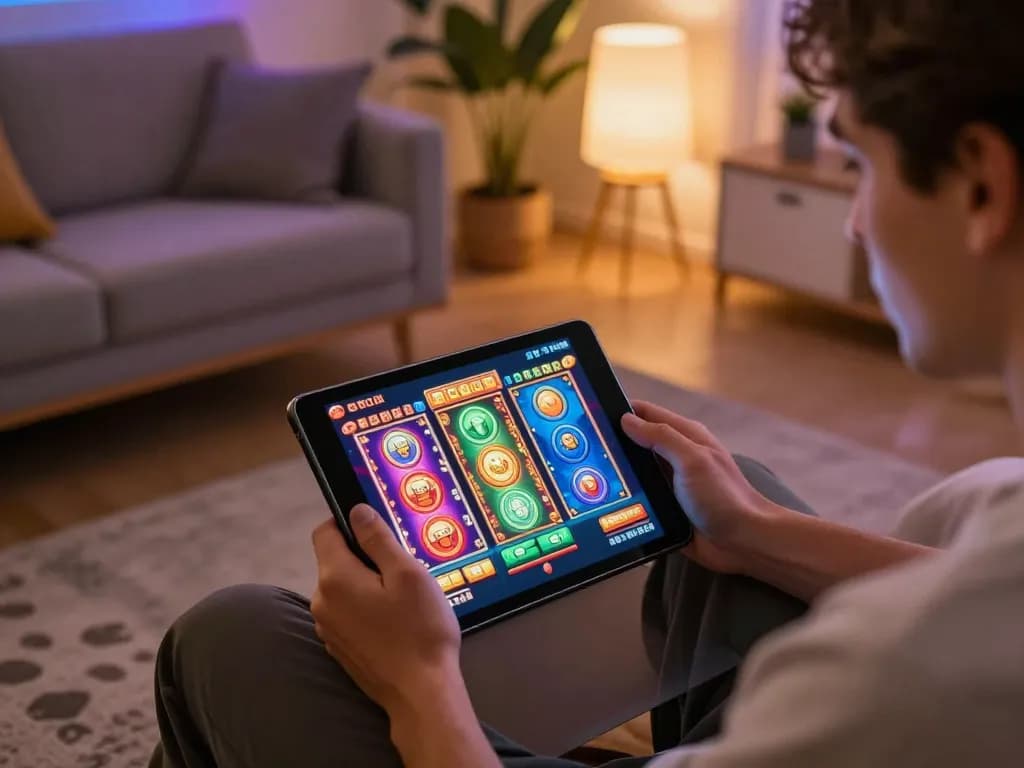 Engaging in slot gacor gameplay on a tablet in a cozy home environment.