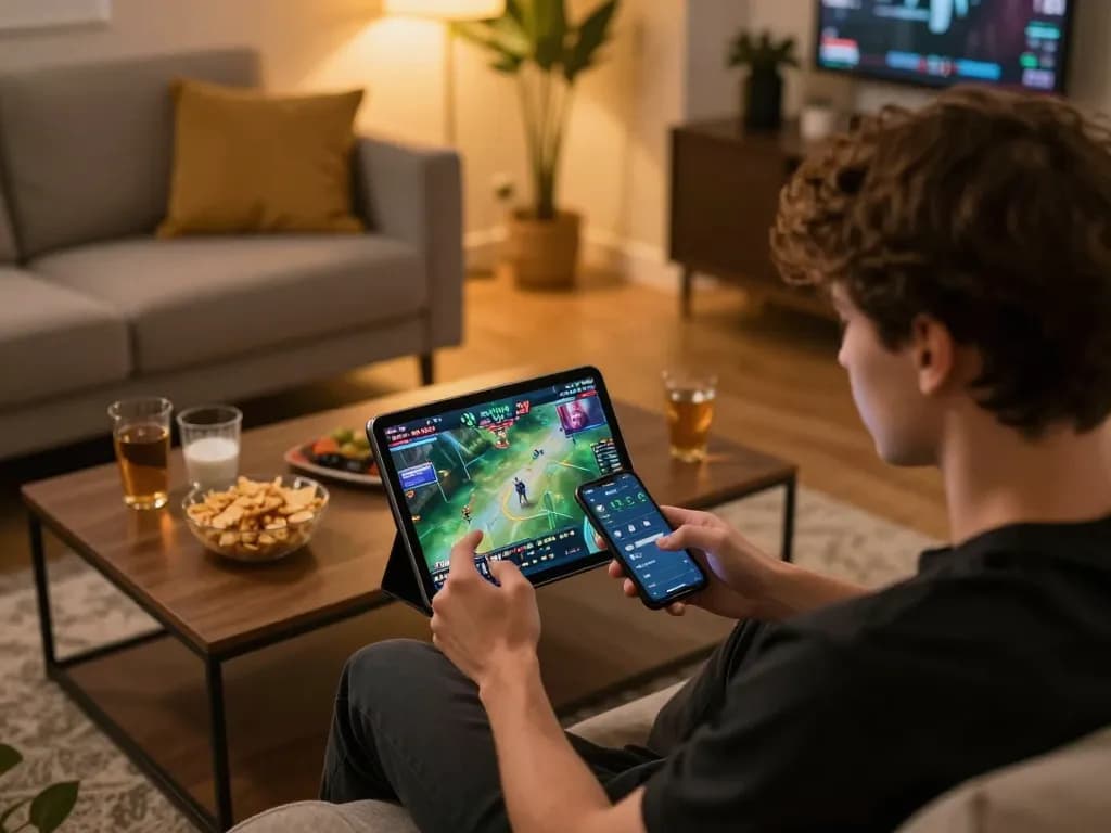 Engaging with OKWIN live streaming for esports betting on a cozy tablet setup.