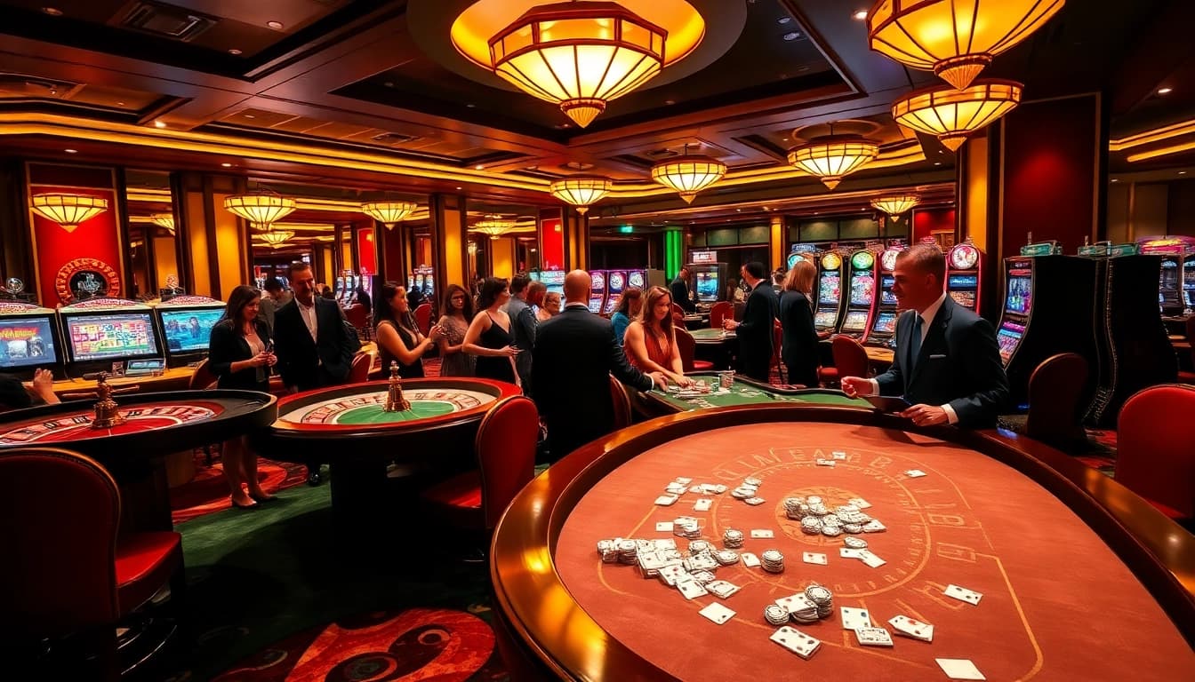 LUCK8 casino scene filled with poker tables, roulette wheels, and vibrant slot machines.