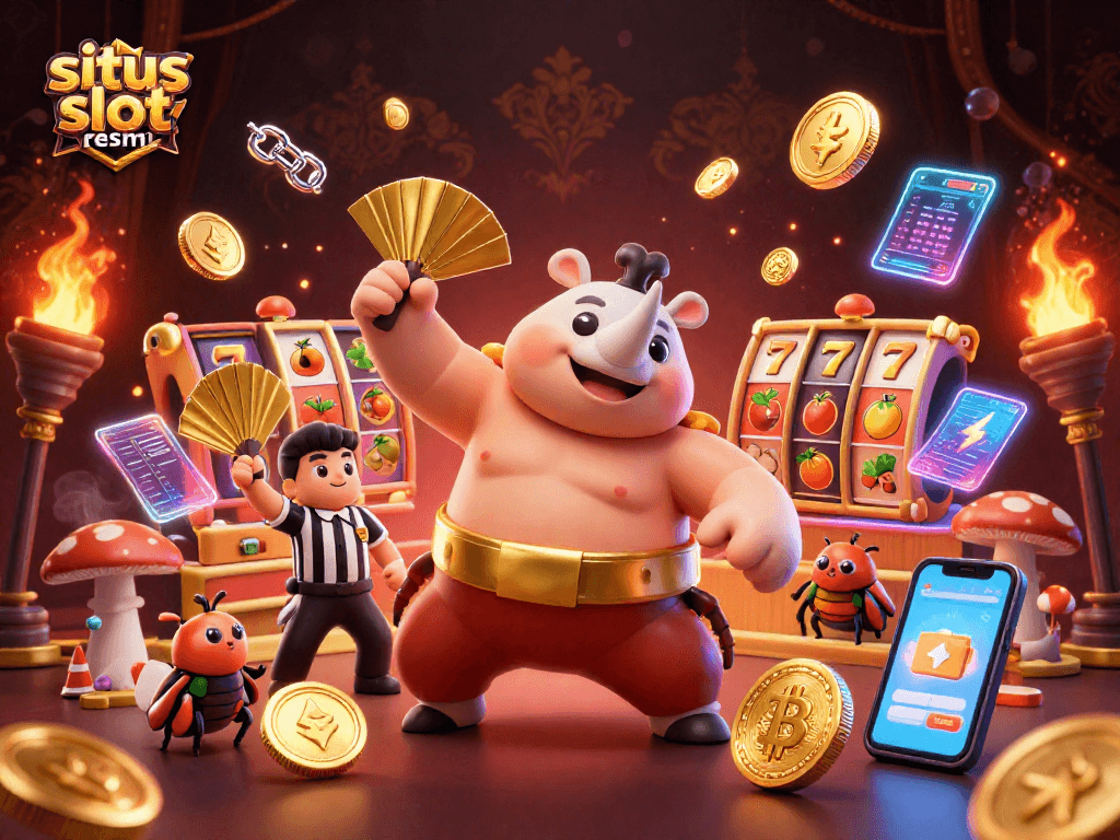 Engage in thrilling gameplay at situs slot resmi with animated beetle champions celebrating wins amidst flying coins and vibrant slot elements.