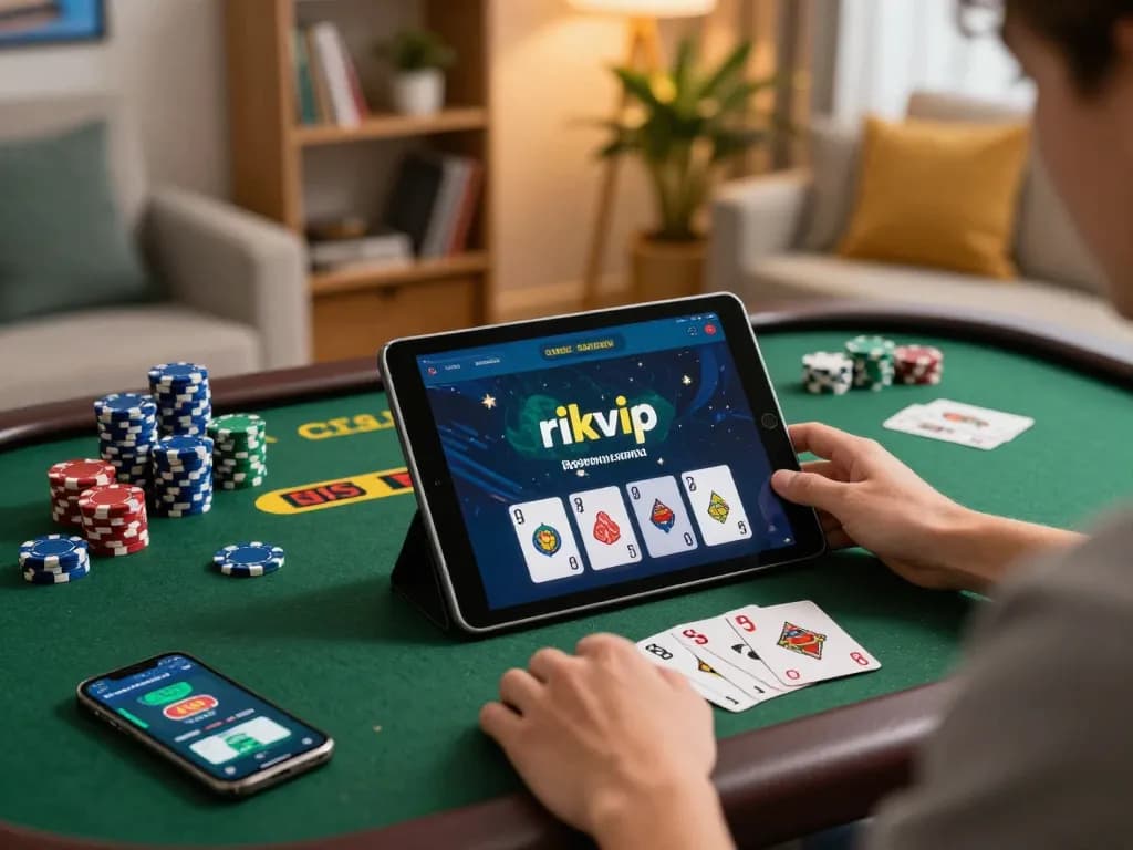 Engaging gamer using the rikvip app on tablet in a cozy home setting for online gambling experience.