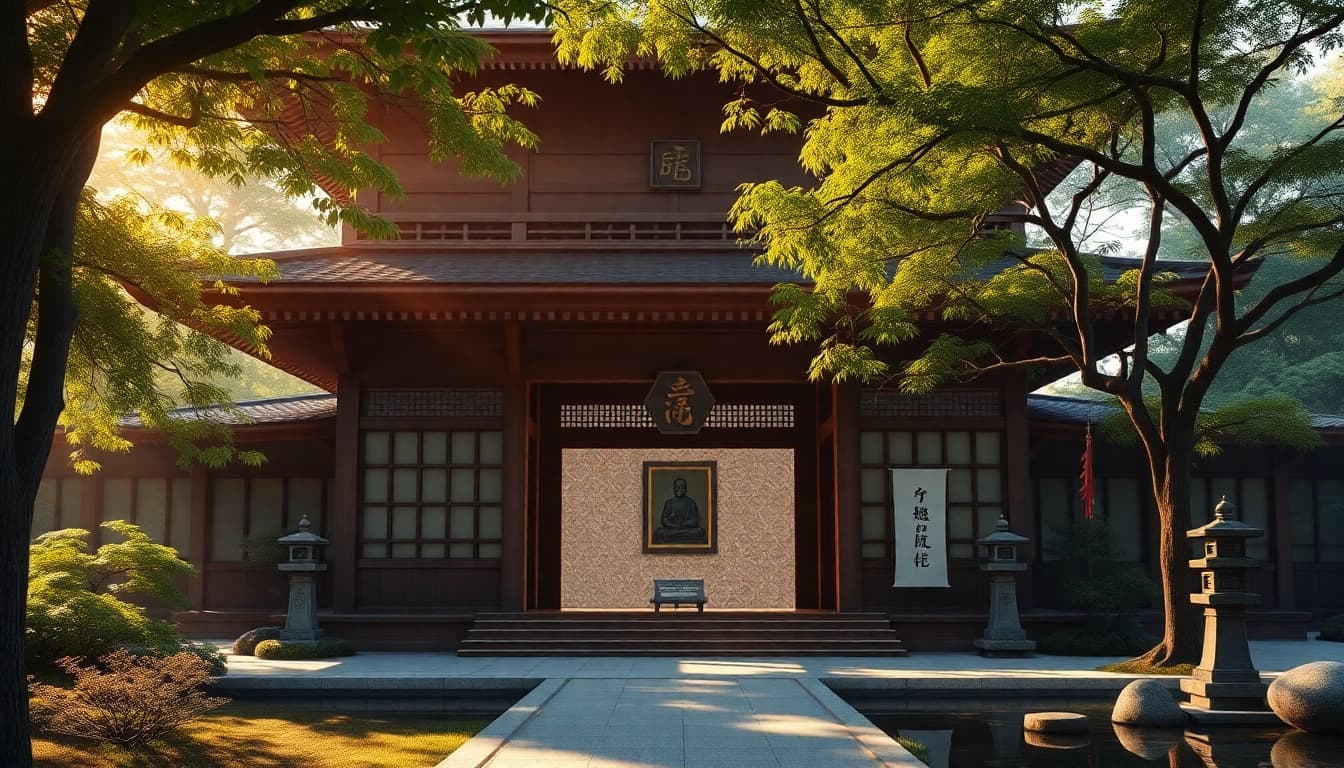 緑豊かな木々と穏やかな庭園に囲まれた、即身仏を安置する静かな日本の寺院。
