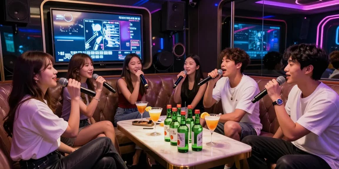 강남가라오케에서 친구들과 프라이빗하게 노래를 부르는 모습