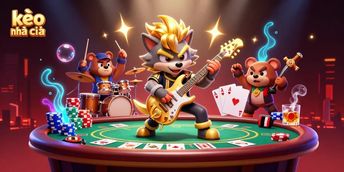Experience thrilling action with kèo nhà cái as a 3D rock star wolf shades colorful poker chips on a vibrant casino stage.