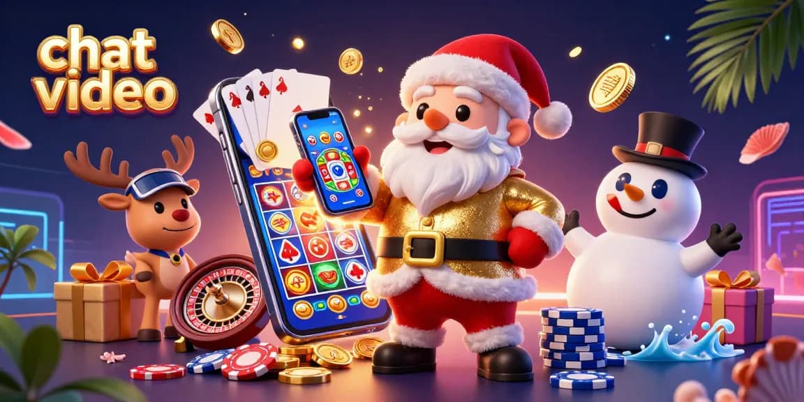 Engage with chat video as characters spin reels and jackpot symbols in an exciting casino-themed scene.
