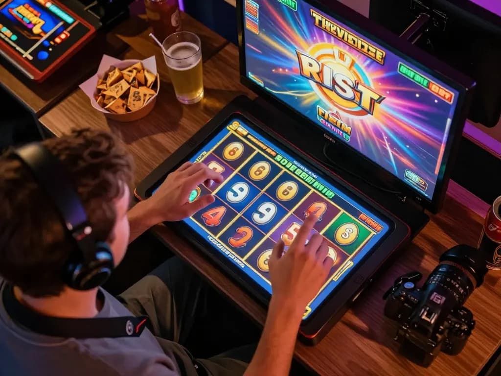 Engaged player spins the online slot reels on a tablet, celebrating vibrant graphics and wins.