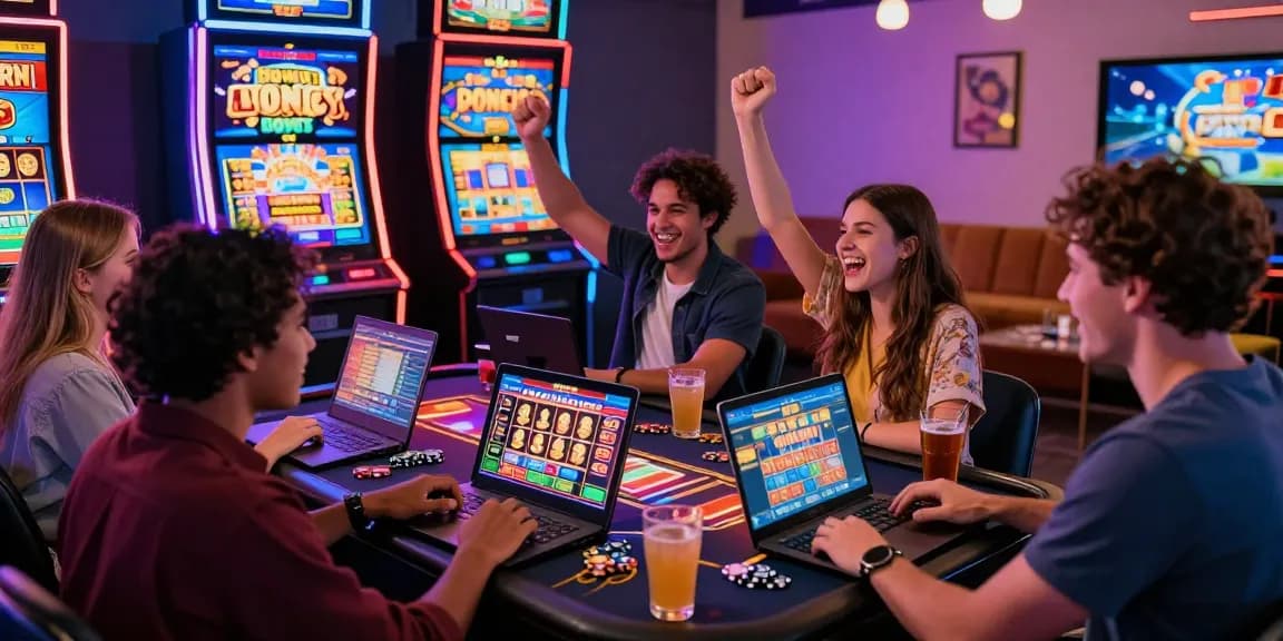 Exciting online slot gaming atmosphere with players celebrating wins.