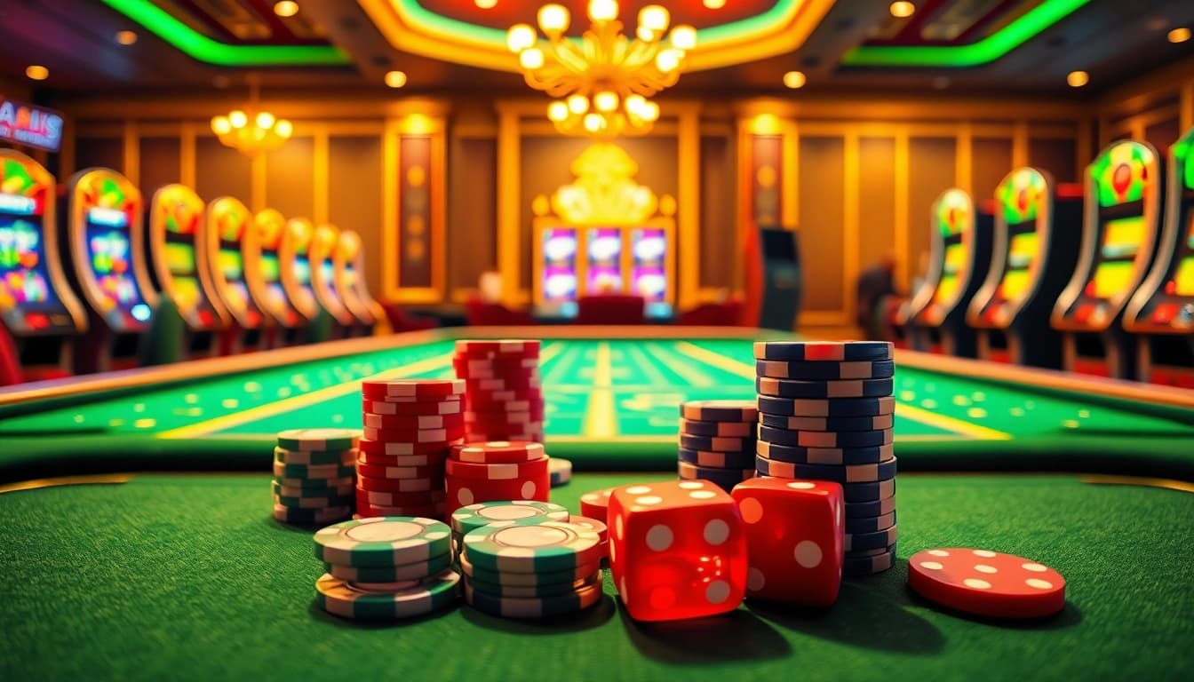Kegembiraan Situs Deposit 5k tertangkap dalam adegan kasino mewah dengan chip poker berwarna-warni dan mesin slot.