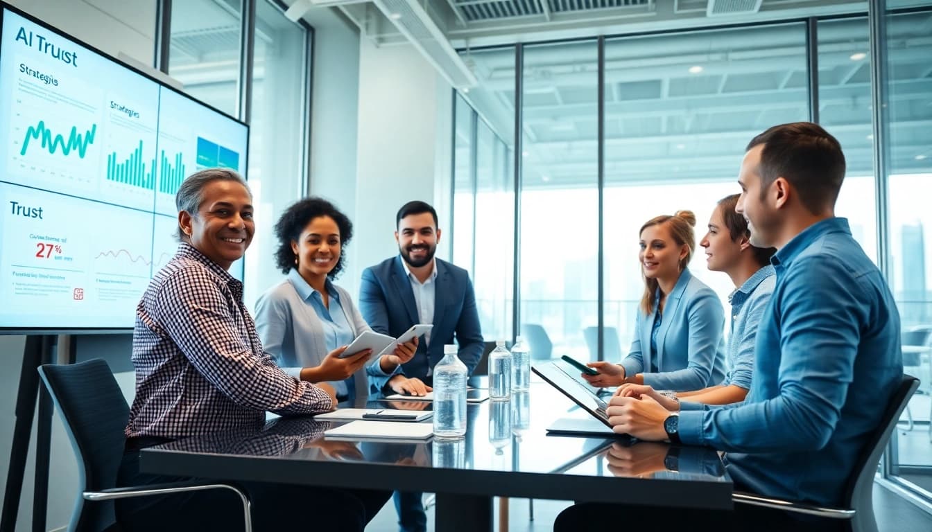 AI integration service provider team collaboratively planning innovative solutions in a modern office.