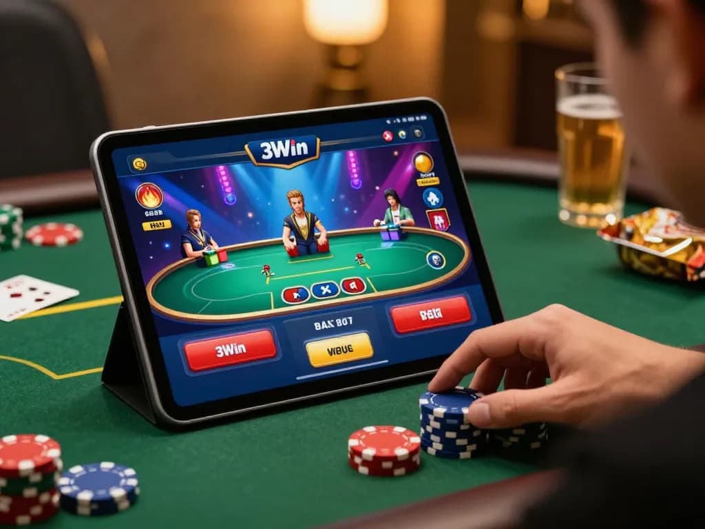 Player enjoying an exciting game on the 3Win casino app with colorful visuals and poker chips visible.