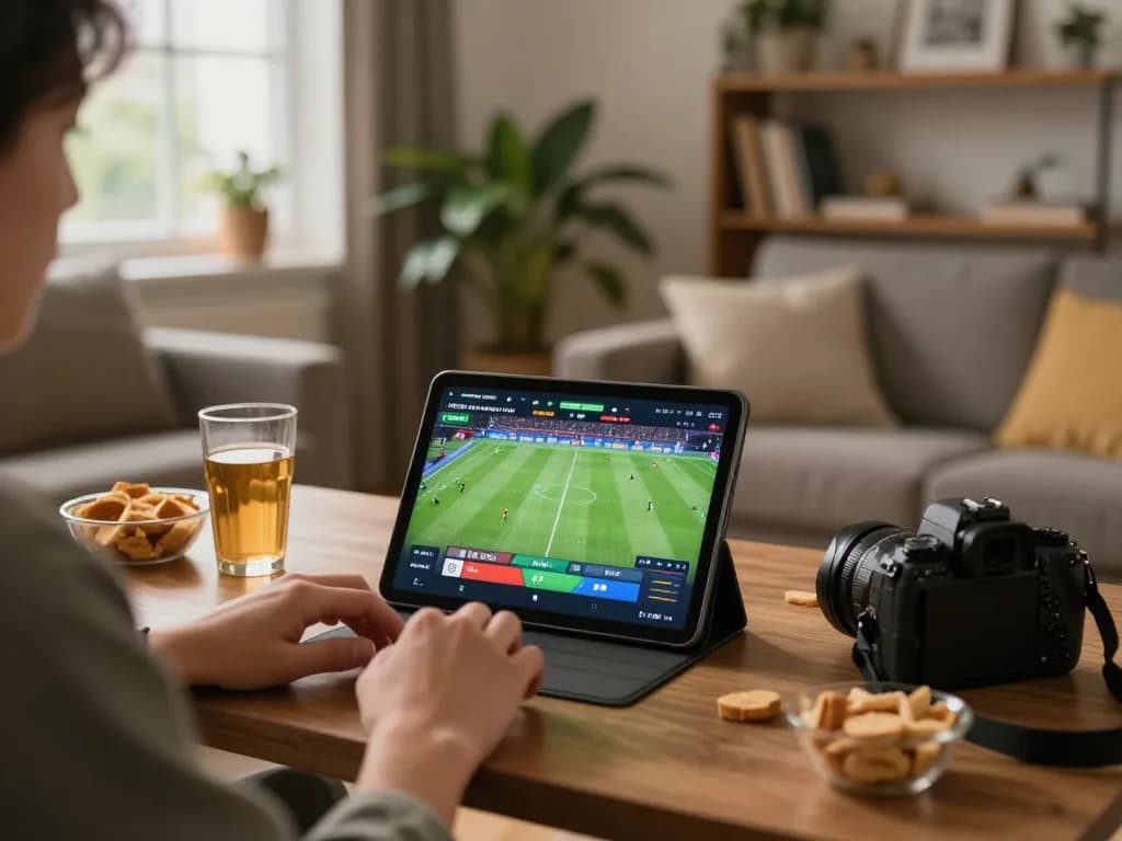 Cakhiatv user enjoying live betting on tablet in a cozy setting with snacks and drinks