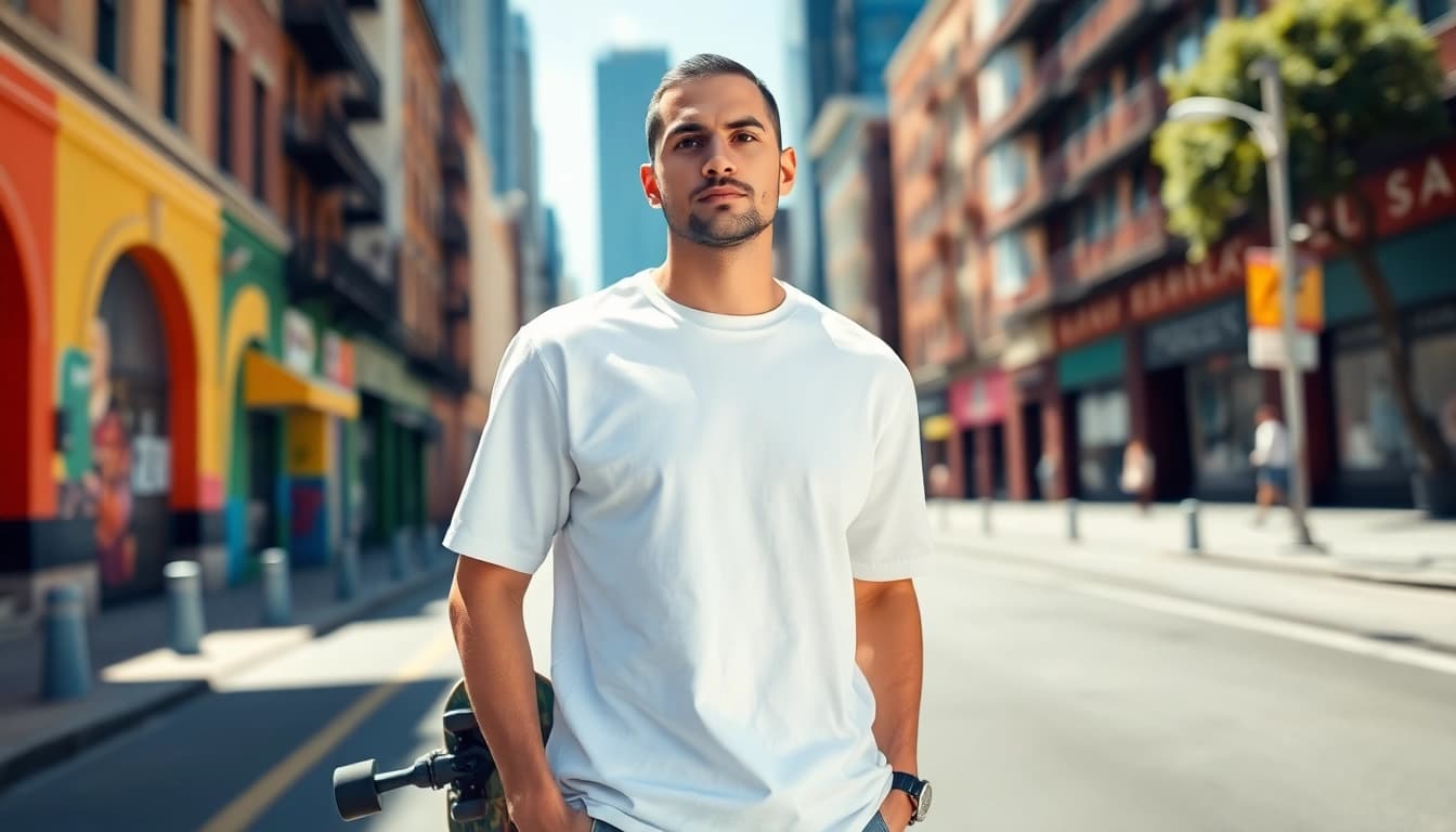 Model showcases a stylish blank white t shirt against a vibrant city backdrop.