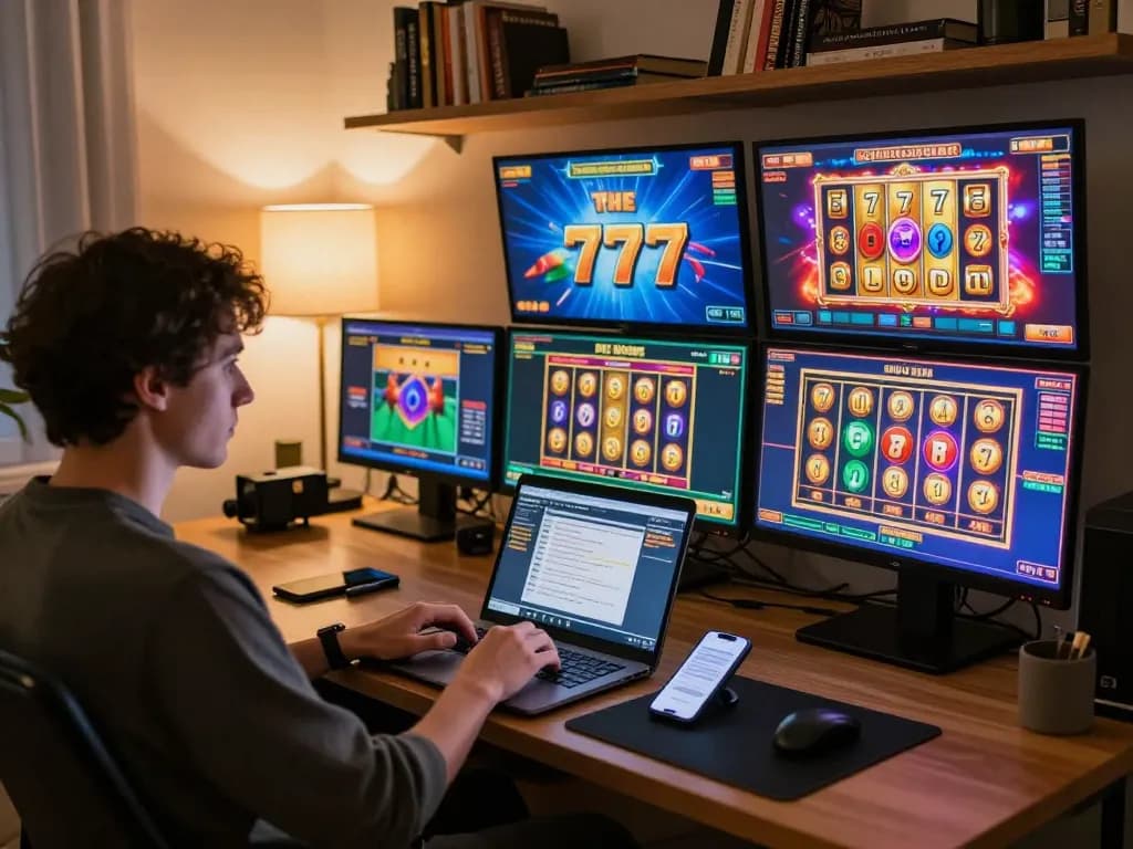 Engaging with slot777 games on multiple screens in a stylish home office gaming setup