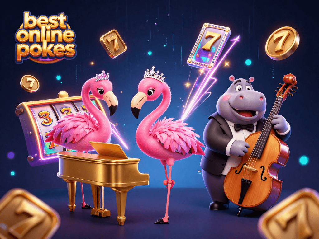 Experience the best online pokies with vibrant slot reels and lively characters in a dynamic casino setting.