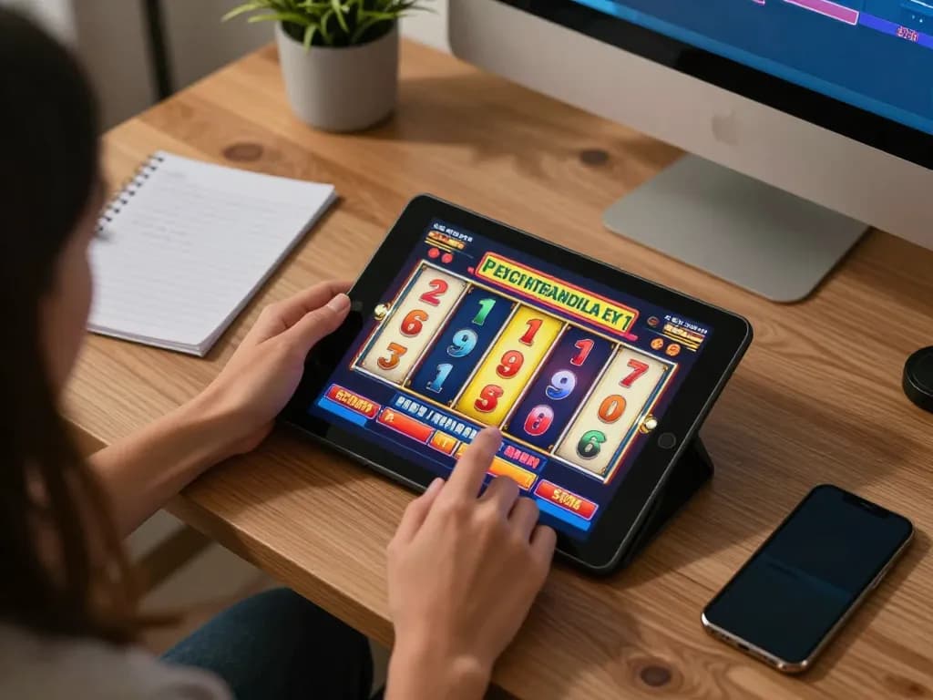 Engaged player enjoying เว็บตรงสล็อต on tablet screen, showcasing spins in vibrant atmosphere
