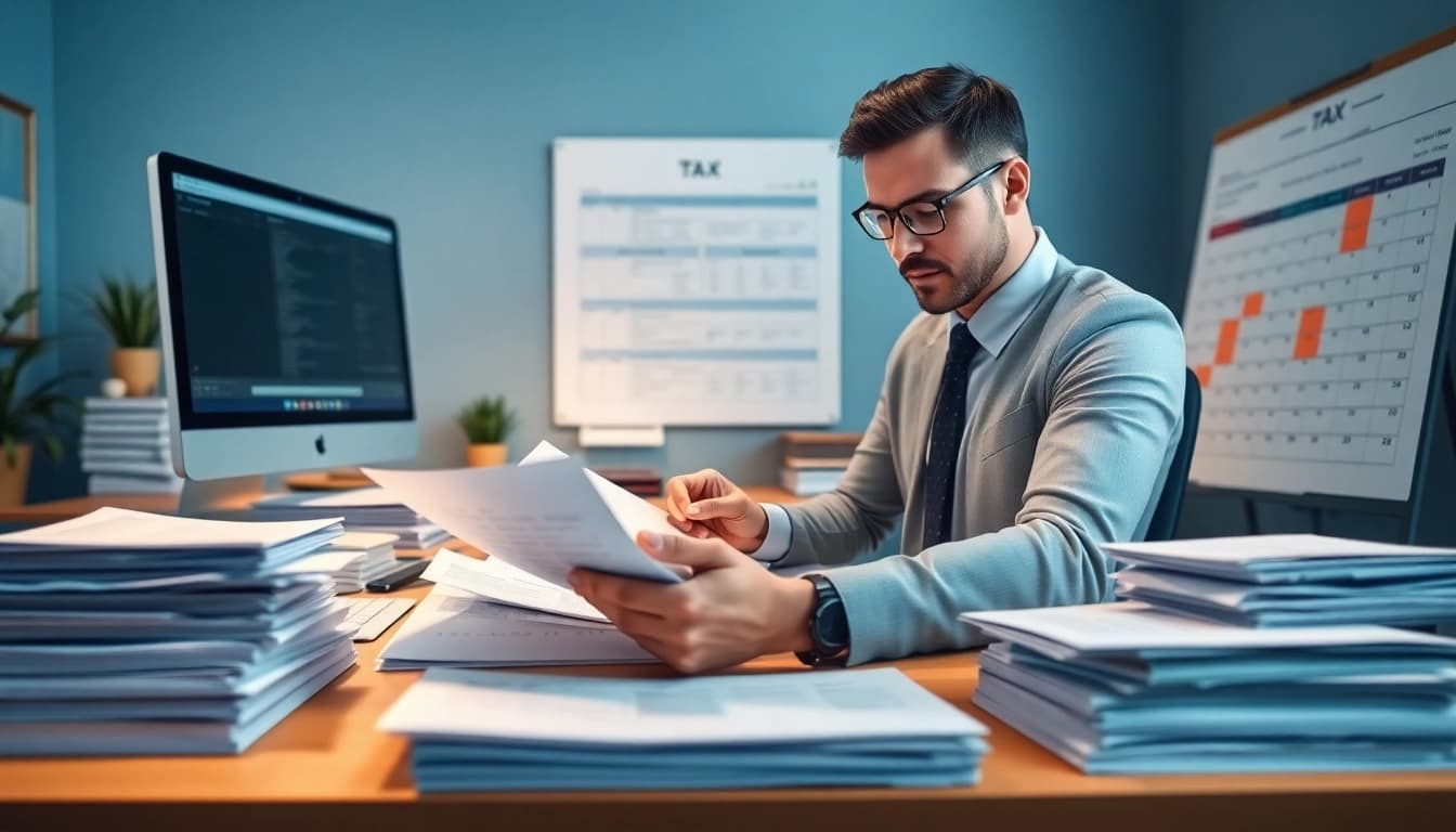 Tax preparation accounting office with a professional accountant analyzing financial documents.